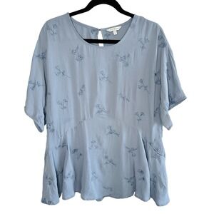 Lucky Brand XL Blue Floral Embroidered Peplum Blouse Short Sleeve Top Boho Chic